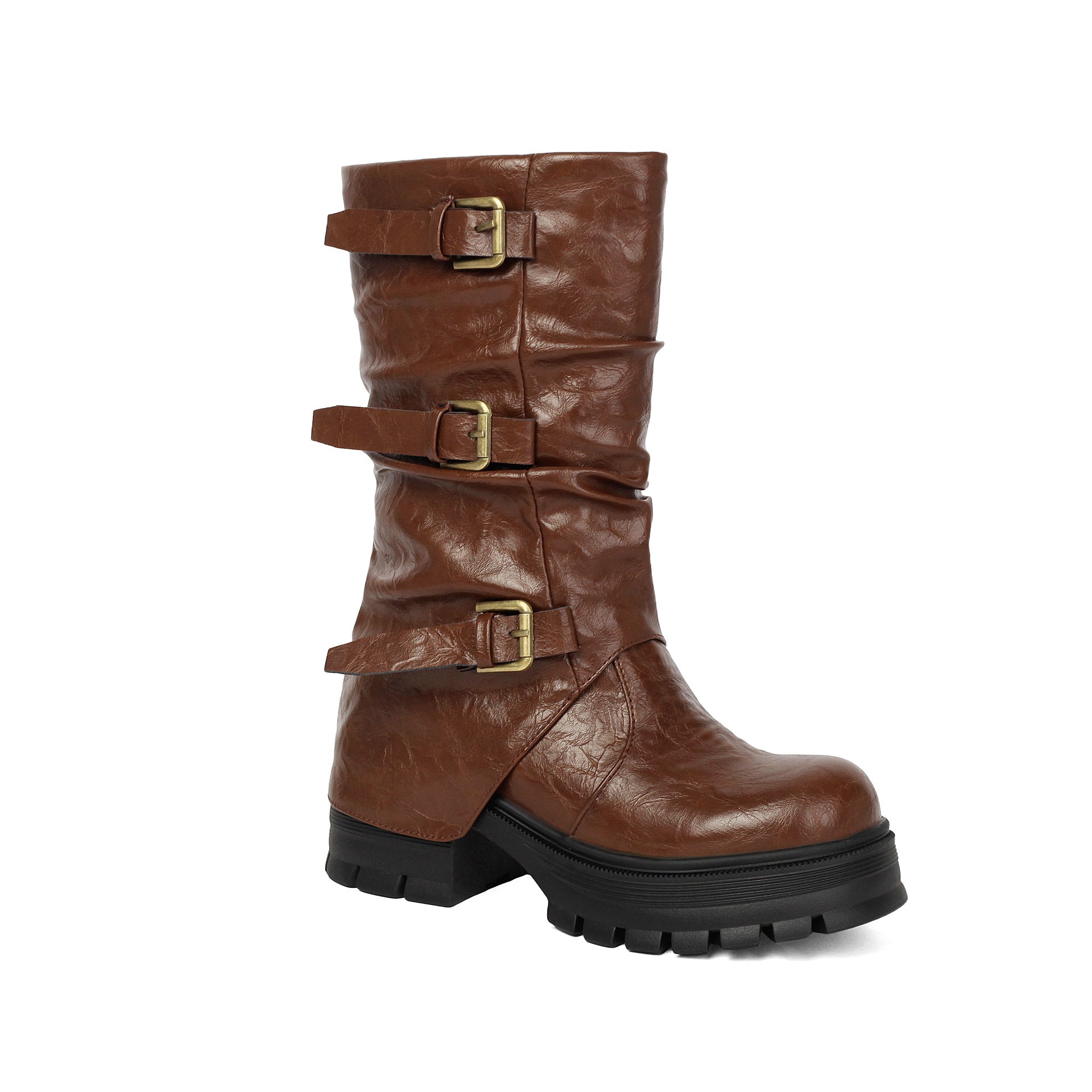 Thick Heel High Heel Women's Short Boots with Belt Buckle Slip-On Tube Boots