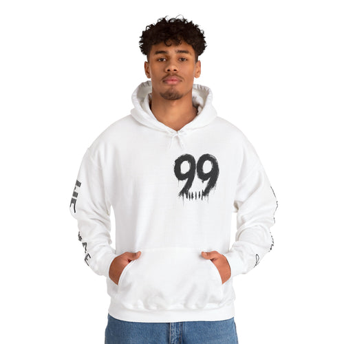 99 Crown QR Code Hoodie — Streetwear Graphic Pullover with Drip Number & Sleeve Script