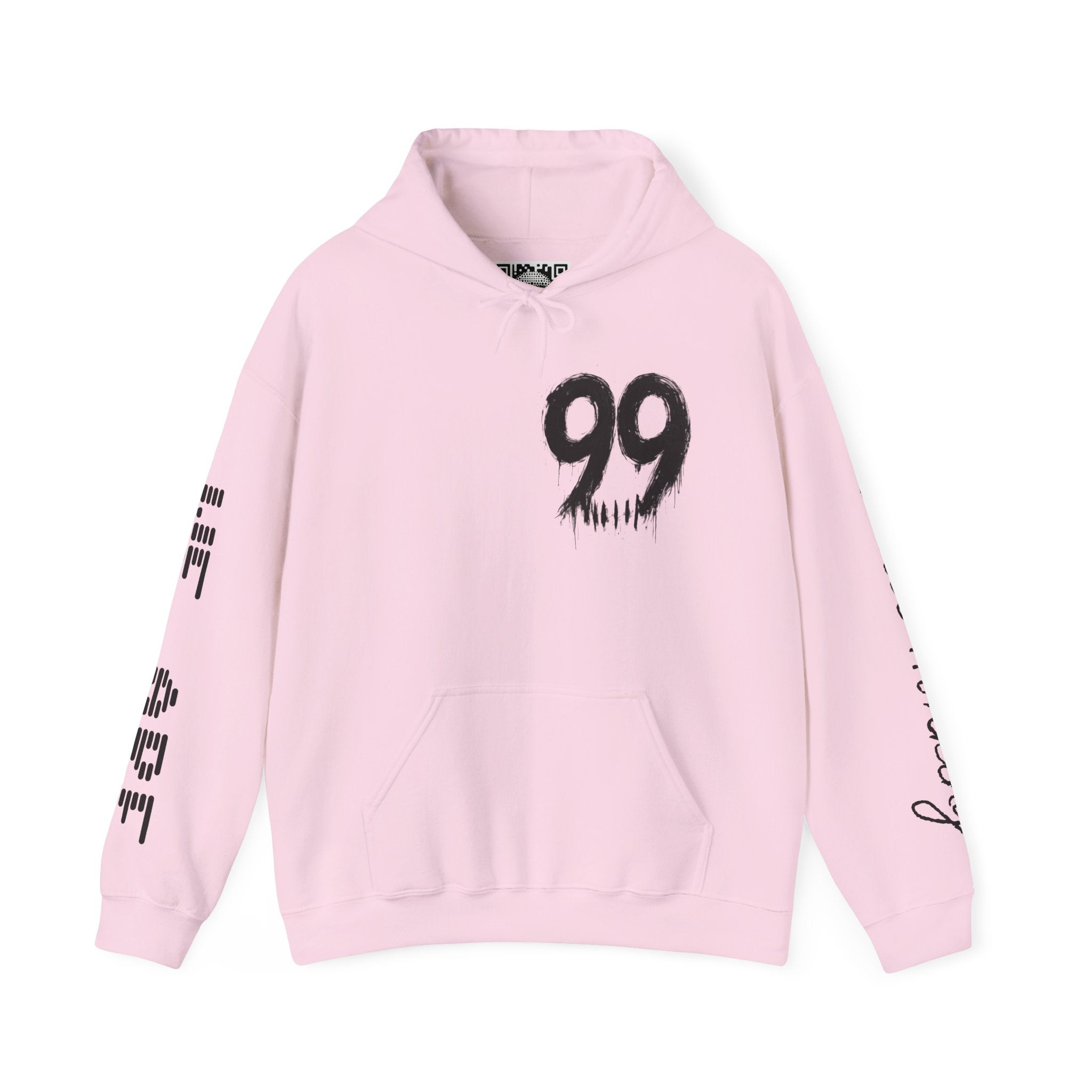 99 Crown QR Code Hoodie — Streetwear Graphic Pullover with Drip Number & Sleeve Script