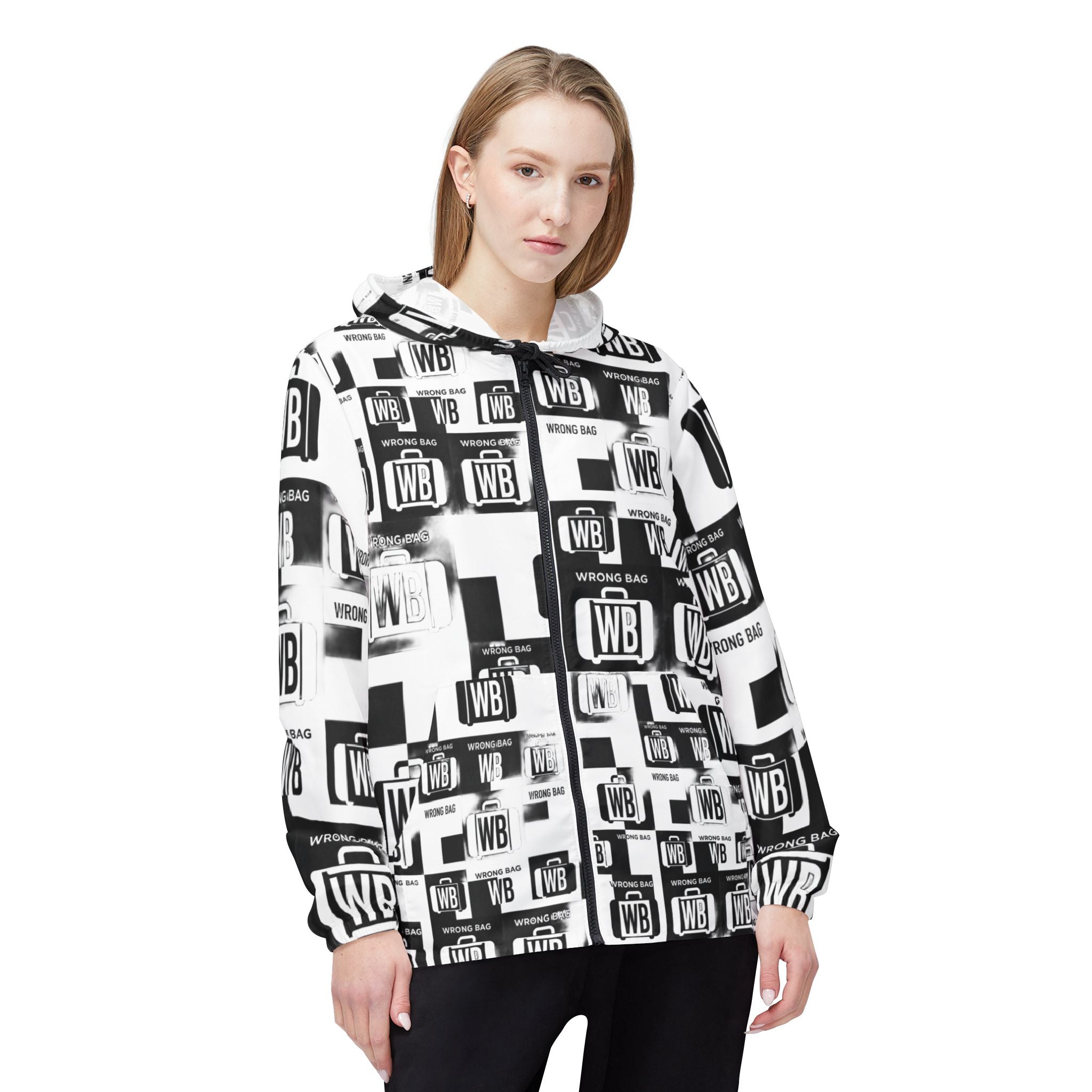 WB Logo Windbreaker Jacket — Black & White All-Over Print