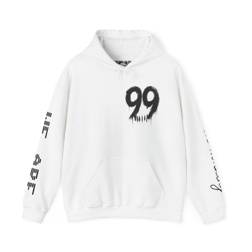 99 Crown QR Code Hoodie — Streetwear Graphic Pullover with Drip Number & Sleeve Script
