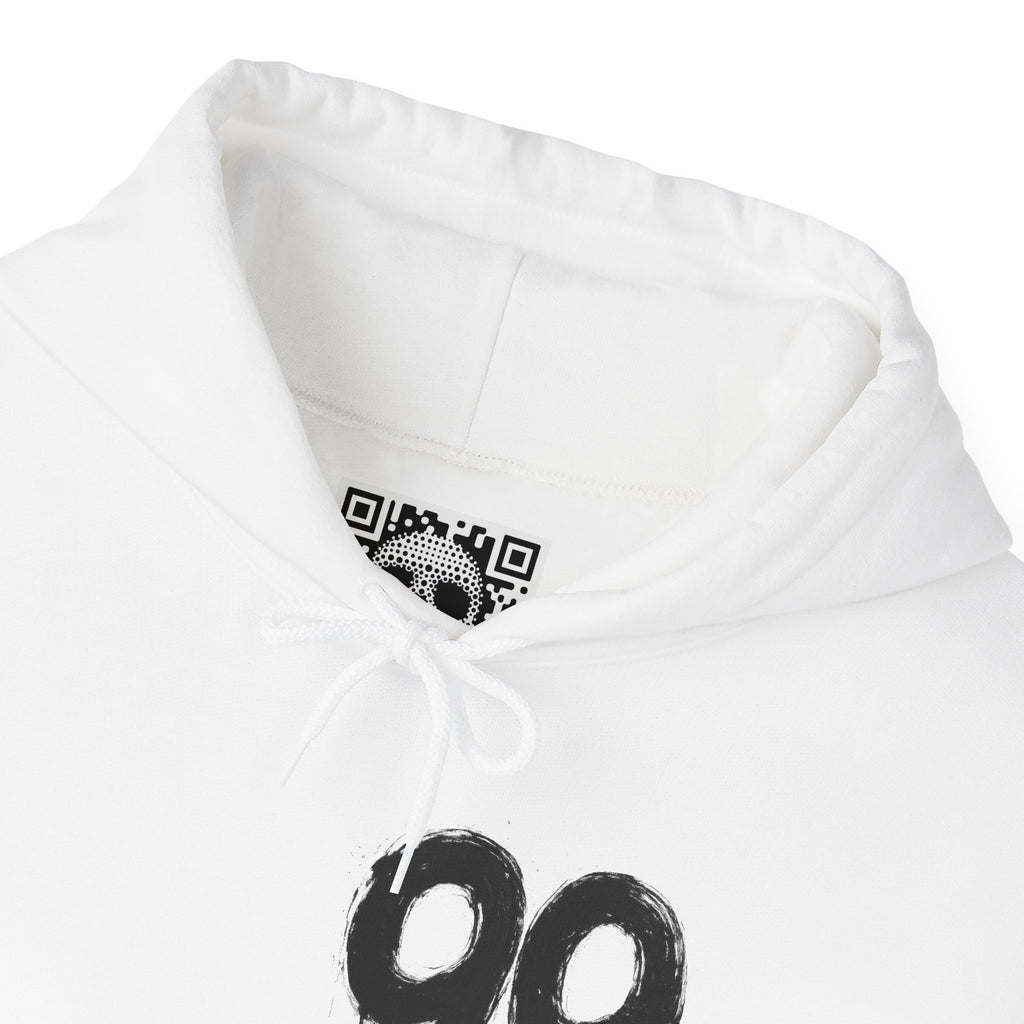 99 Crown QR Code Hoodie — Streetwear Graphic Pullover with Drip Number & Sleeve Script