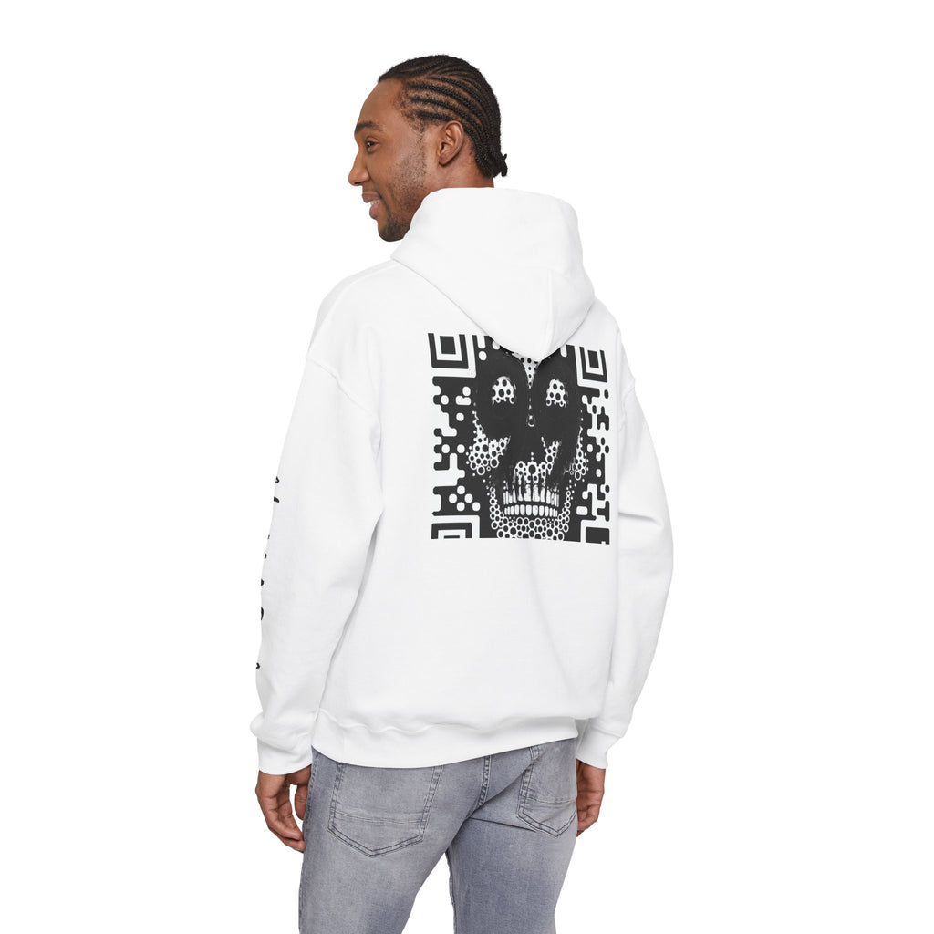 99 Crown QR Code Hoodie — Streetwear Graphic Pullover with Drip Number & Sleeve Script