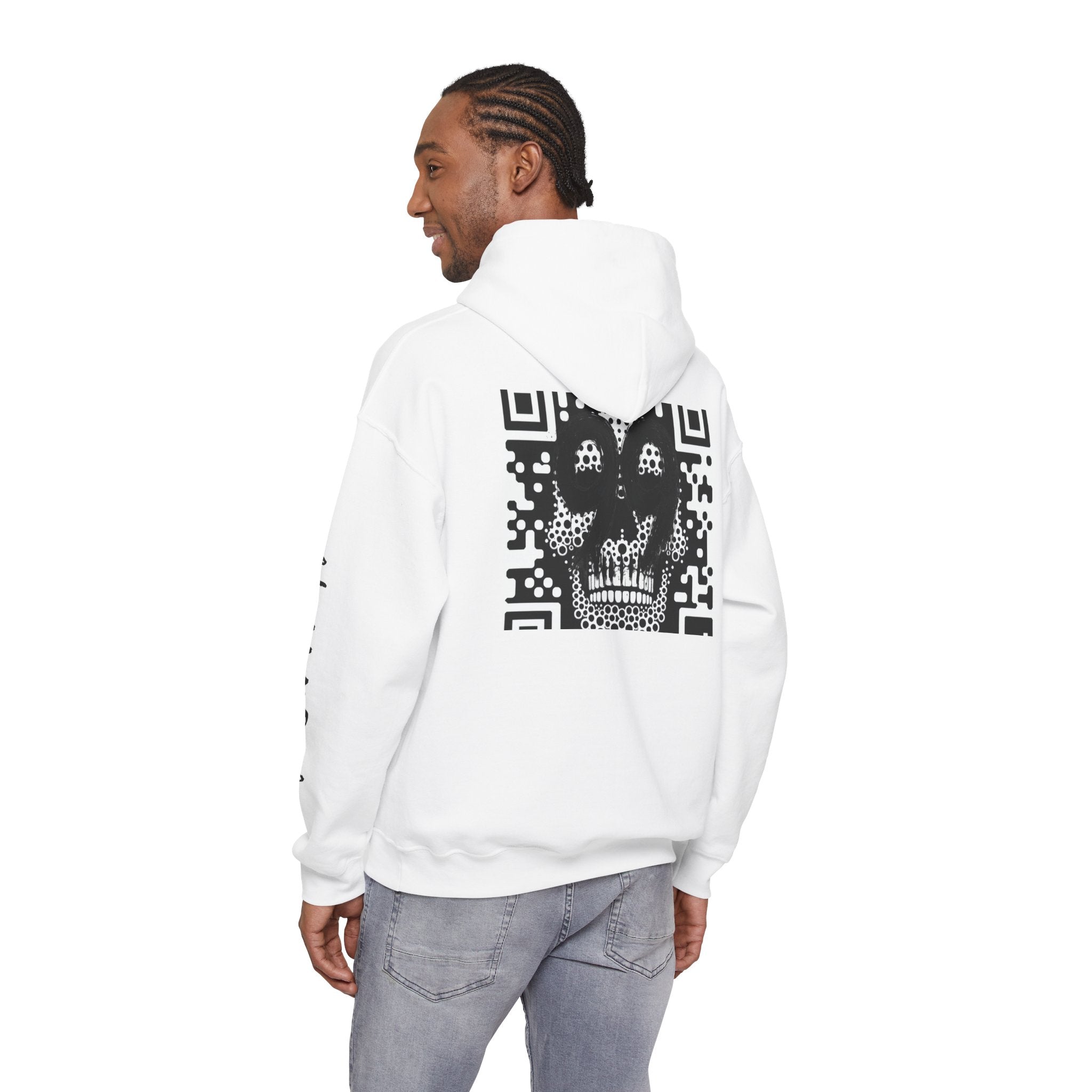 99 Crown QR Code Hoodie — Streetwear Graphic Pullover with Drip Number & Sleeve Script