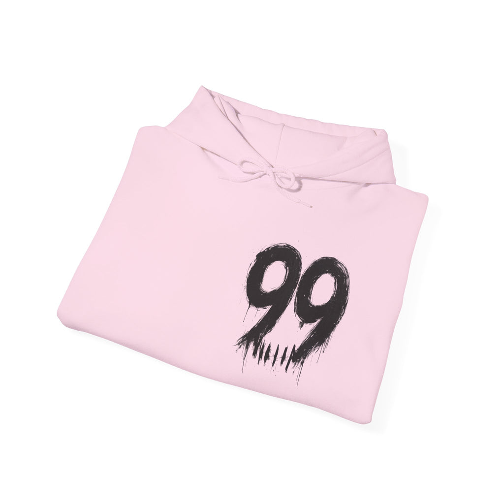 99 Crown QR Code Hoodie — Streetwear Graphic Pullover with Drip Number & Sleeve Script