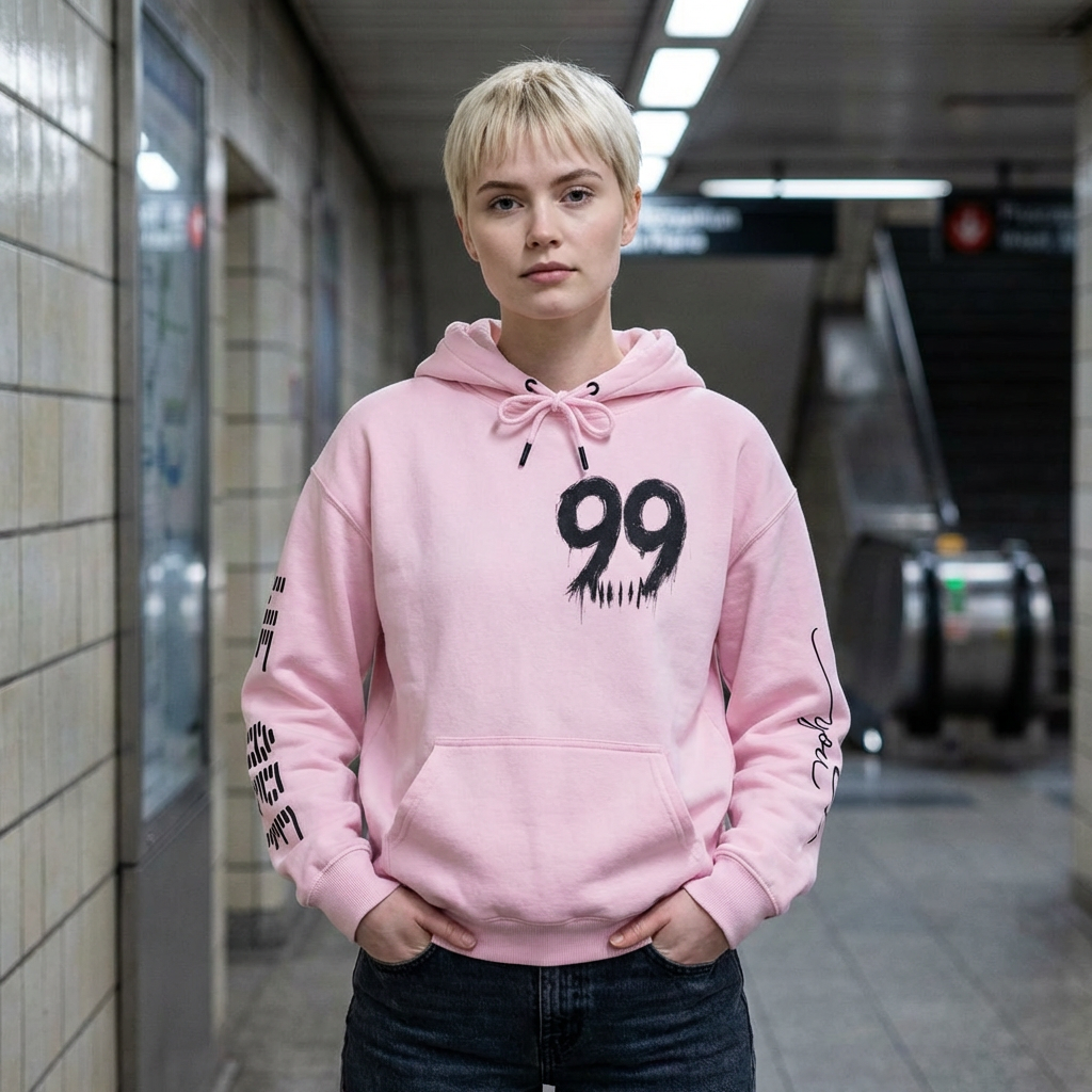 99 Crown QR Code Hoodie — Streetwear Graphic Pullover with Drip Number & Sleeve Script