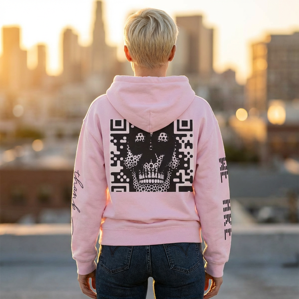 99 Crown QR Code Hoodie — Streetwear Graphic Pullover with Drip Number & Sleeve Script
