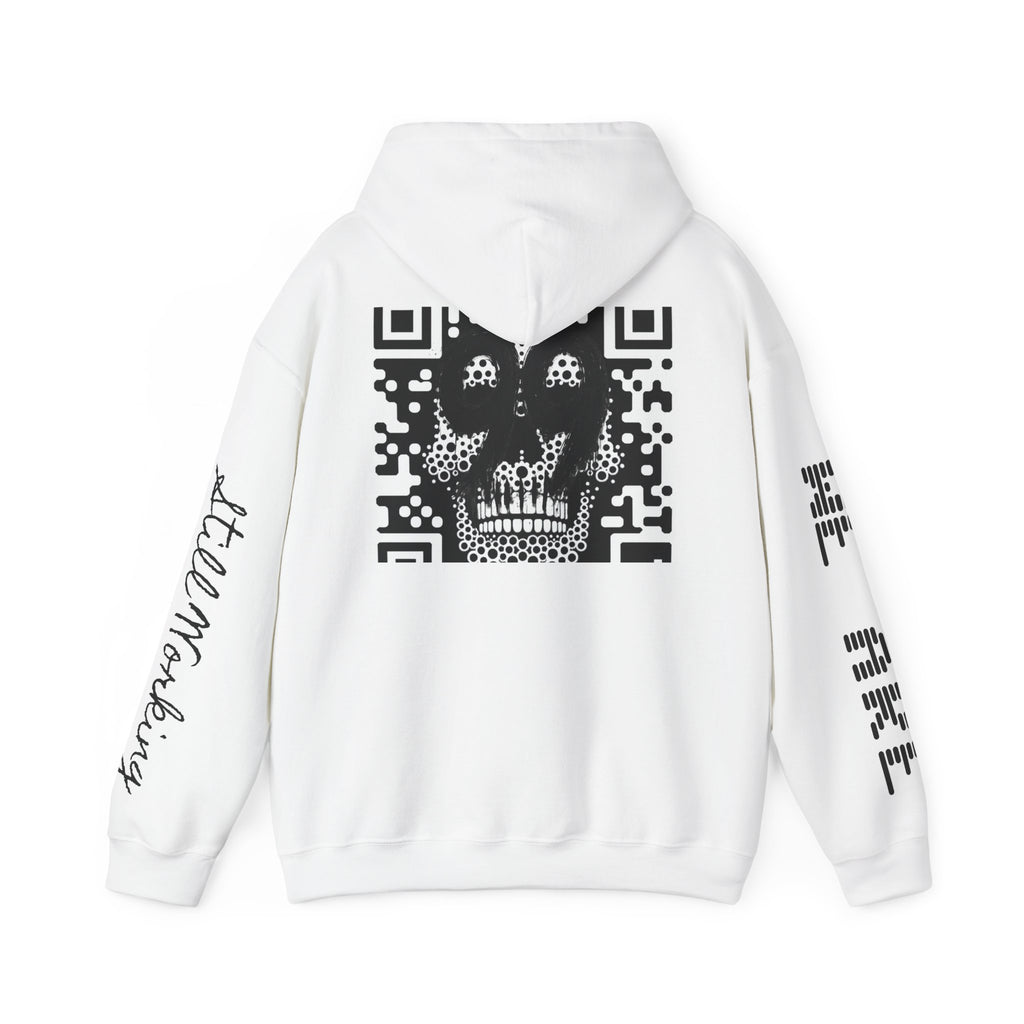 99 Crown QR Code Hoodie — Streetwear Graphic Pullover with Drip Number & Sleeve Script