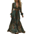 Long Sleeve Printed Maxi Dress with Shirt Collar for Women