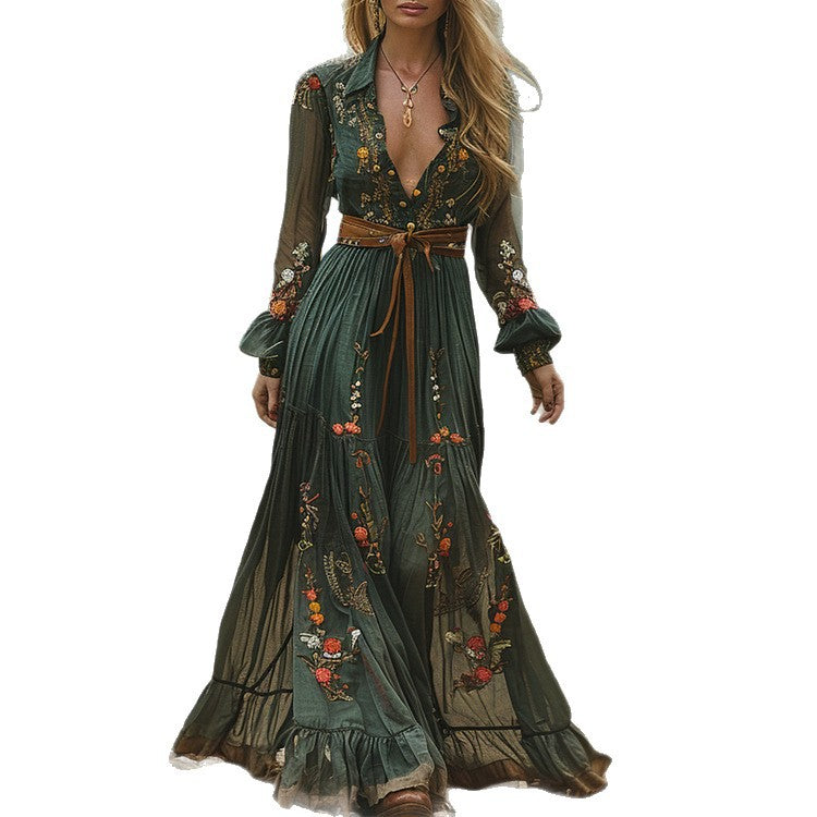 Long Sleeve Printed Maxi Dress with Shirt Collar for Women