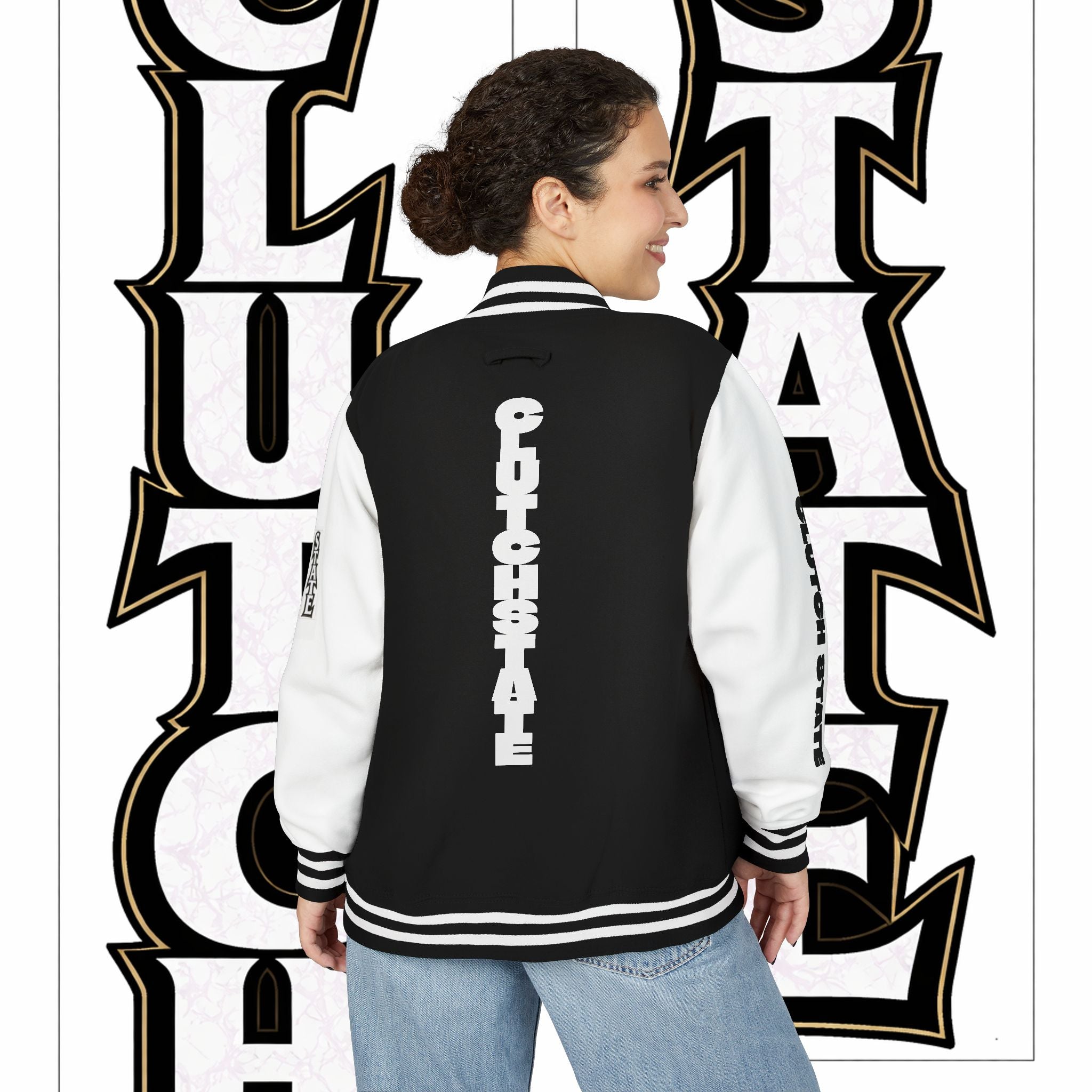 Letterman Jacket — Vertical "Clutch state" Graphic Varsity Jacket