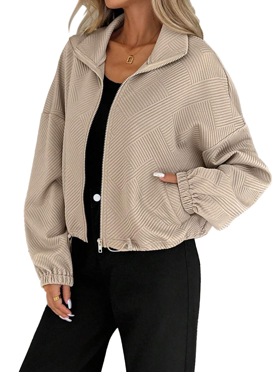 High neck zipper hem drawstring pocket women's loose jacket