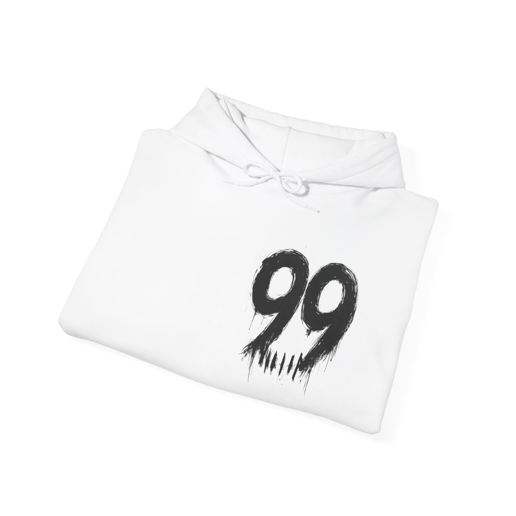 99 Crown QR Code Hoodie — Streetwear Graphic Pullover with Drip Number & Sleeve Script