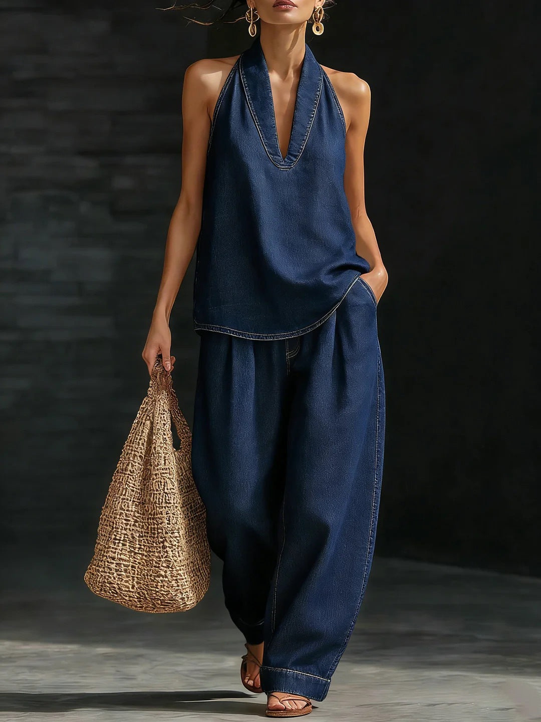 V-neck sleeveless top straight leg pants set