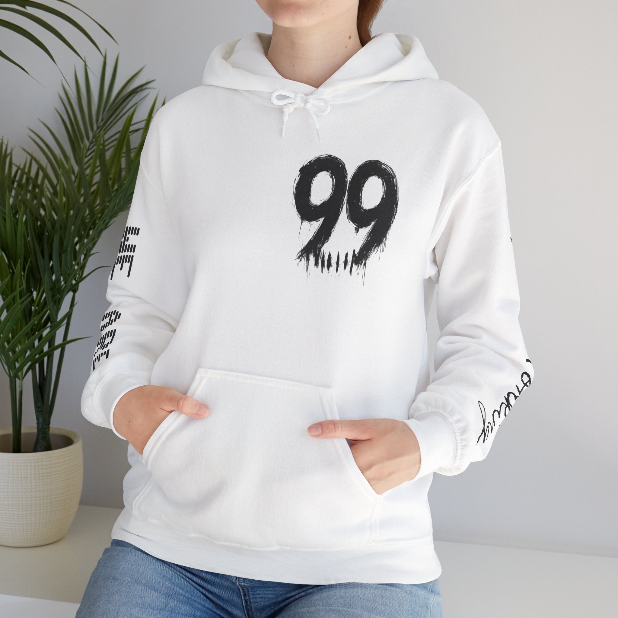 99 Crown QR Code Hoodie — Streetwear Graphic Pullover with Drip Number & Sleeve Script