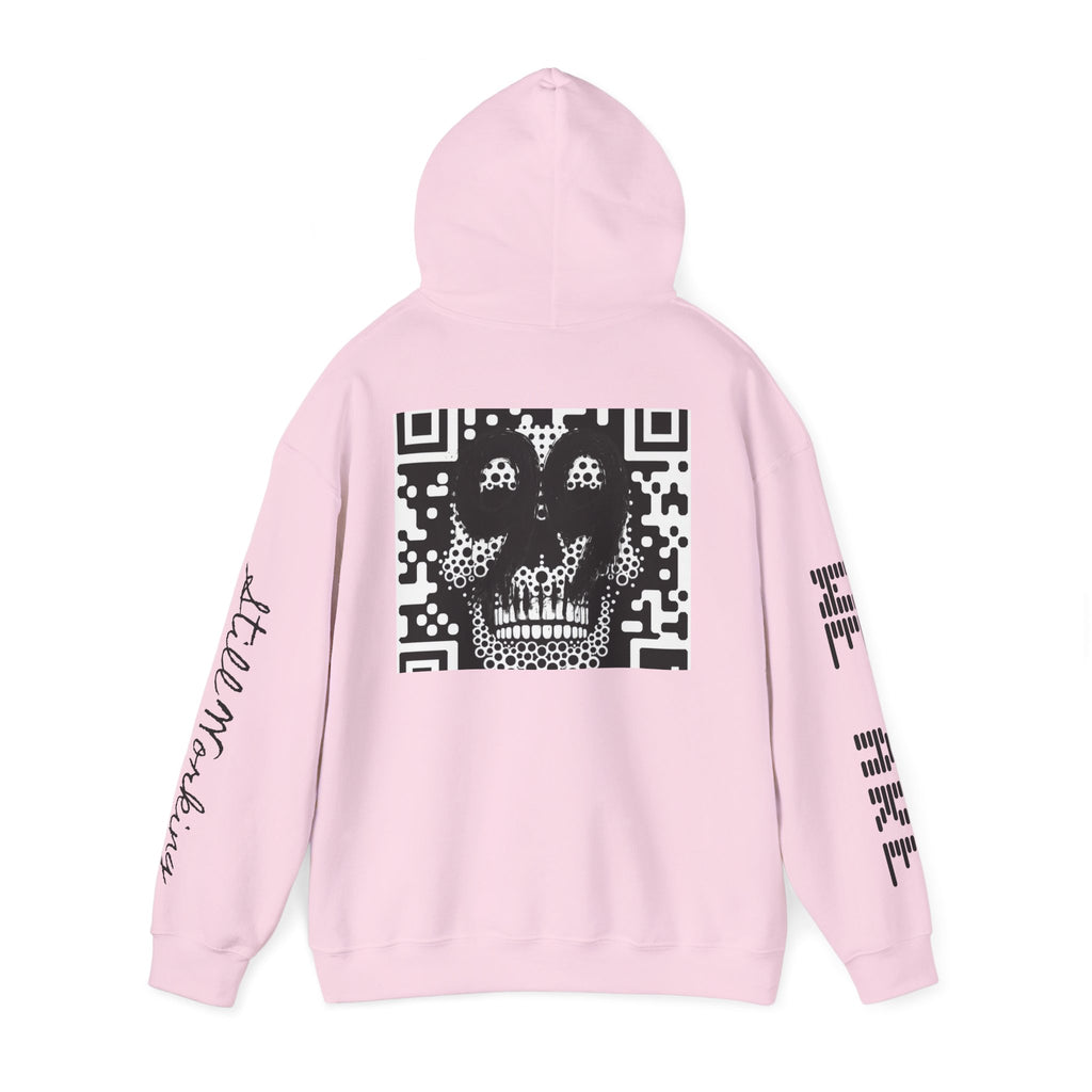 99 Crown QR Code Hoodie — Streetwear Graphic Pullover with Drip Number & Sleeve Script