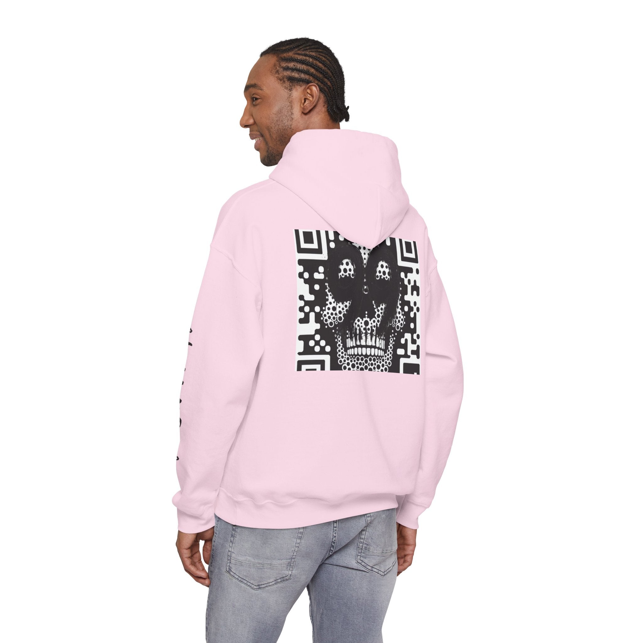 99 Crown QR Code Hoodie — Streetwear Graphic Pullover with Drip Number & Sleeve Script