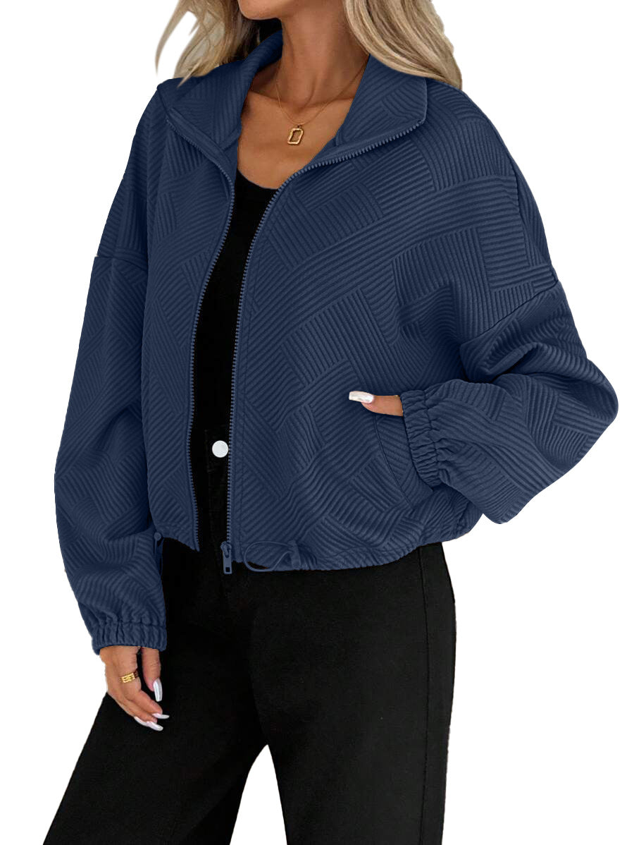 High neck zipper hem drawstring pocket women's loose jacket