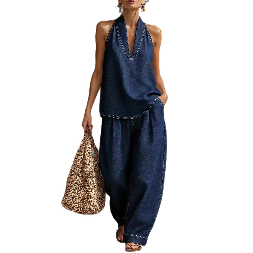 V-neck sleeveless top straight leg pants set