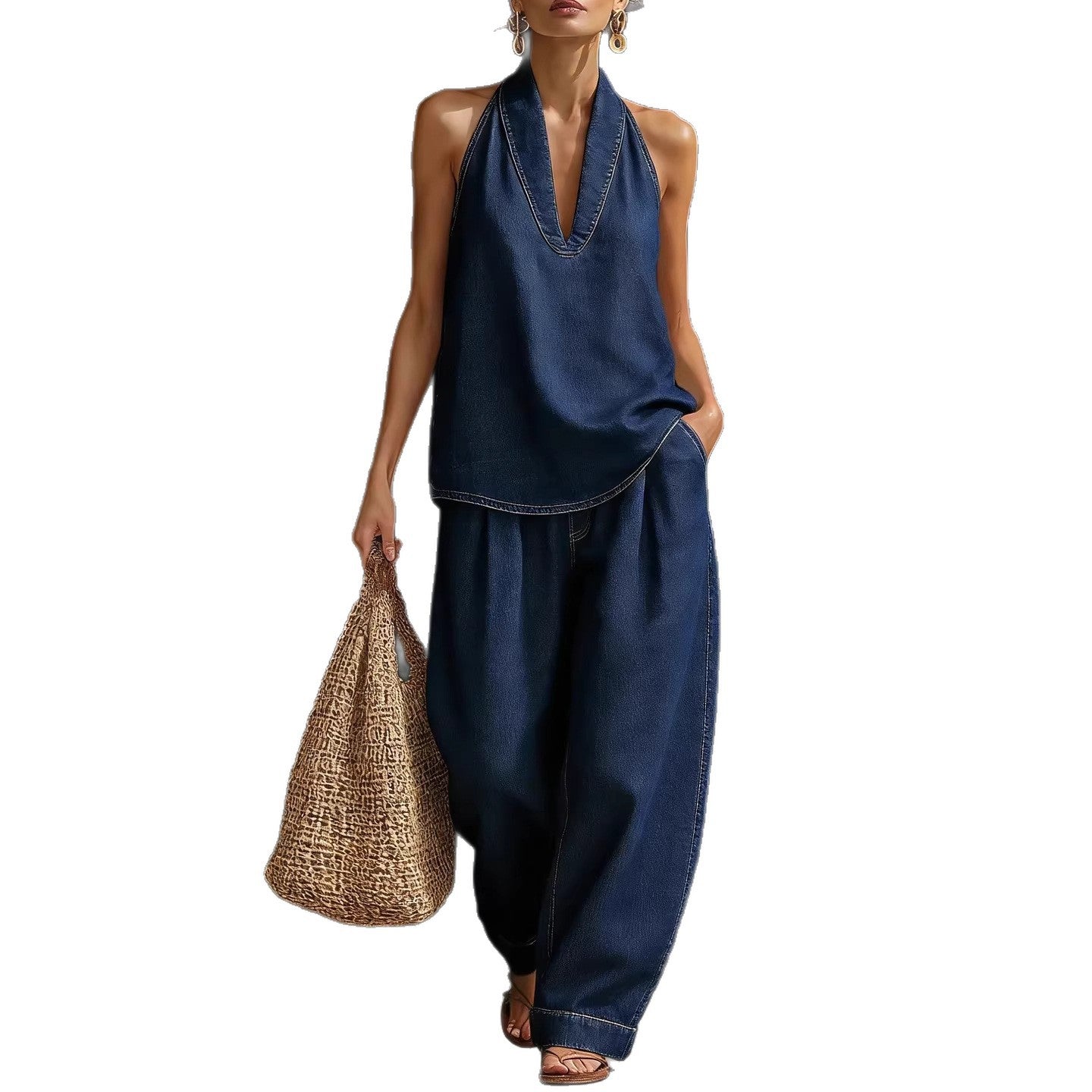 V-neck sleeveless top straight leg pants set