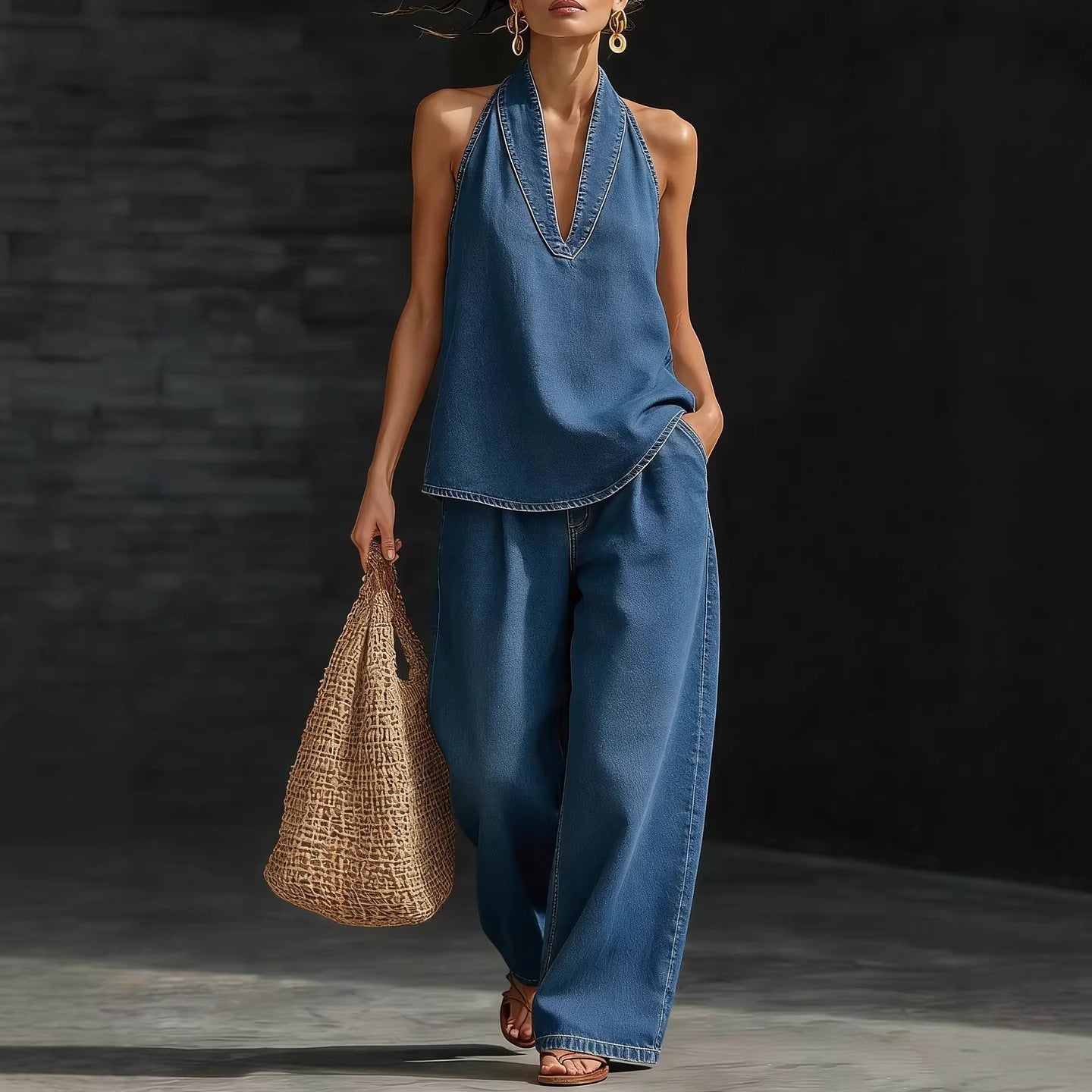 V-neck sleeveless top straight leg pants set