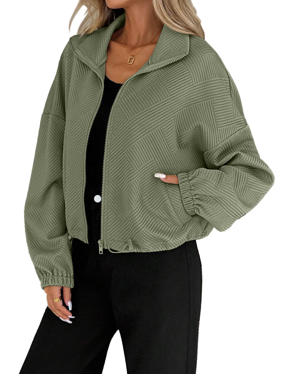High neck zipper hem drawstring pocket women's loose jacket
