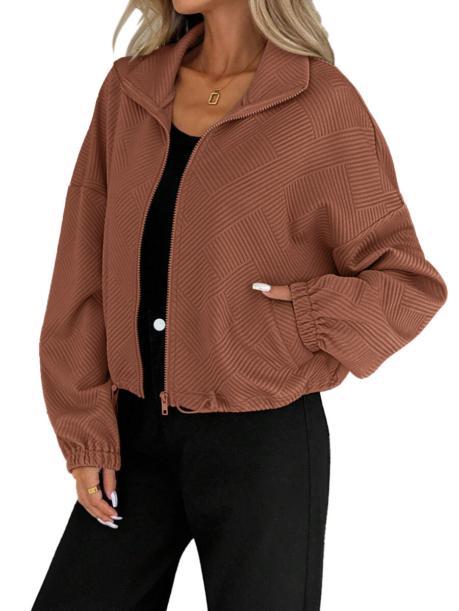 High neck zipper hem drawstring pocket women's loose jacket
