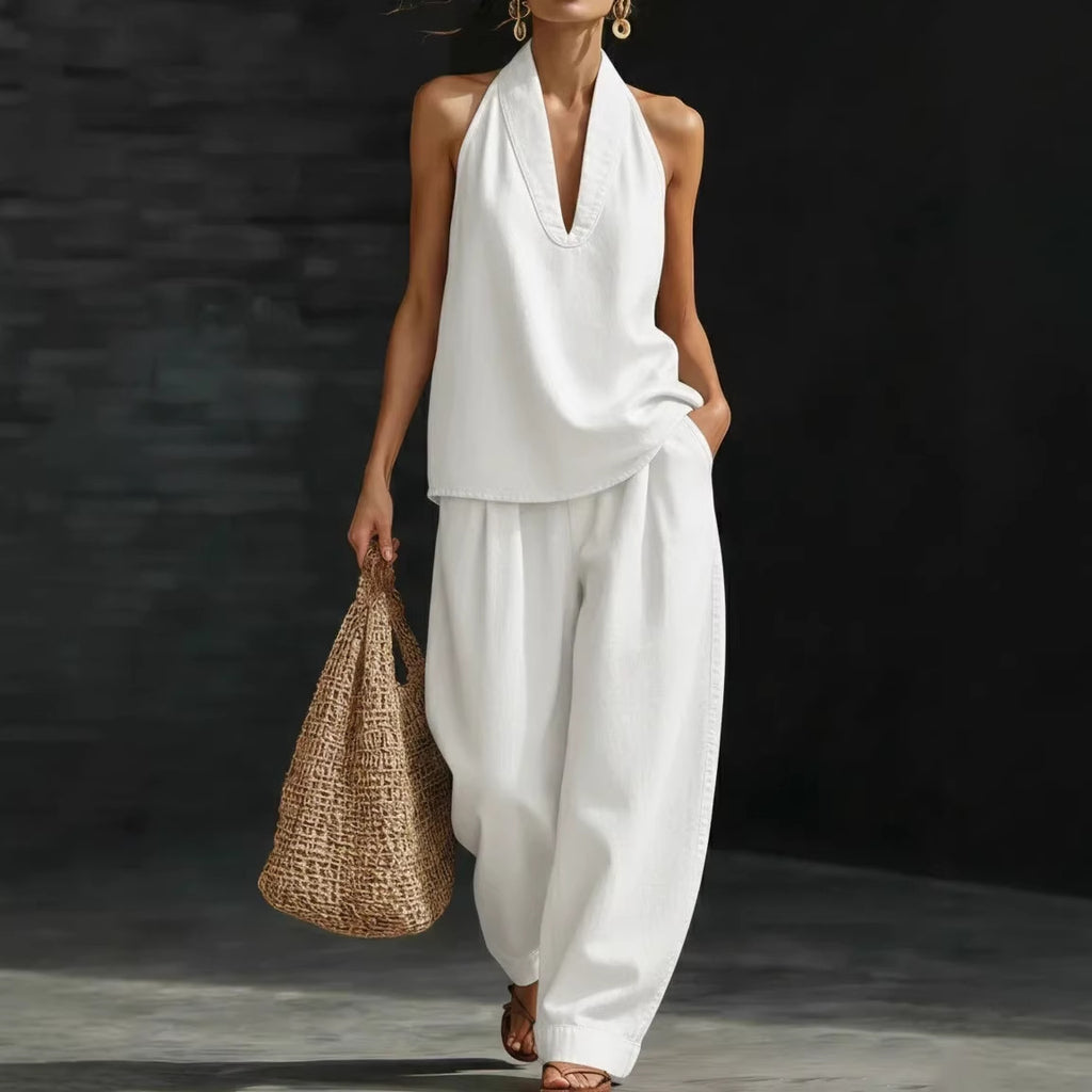 V-neck sleeveless top straight leg pants set