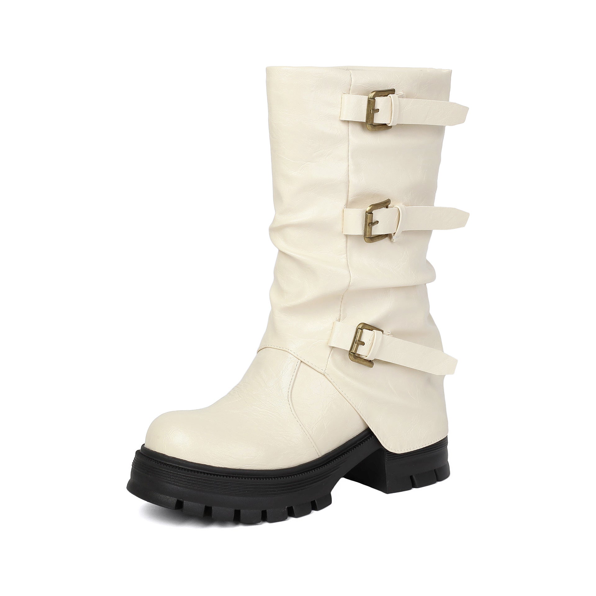 Thick Heel High Heel Women's Short Boots with Belt Buckle Slip-On Tube Boots
